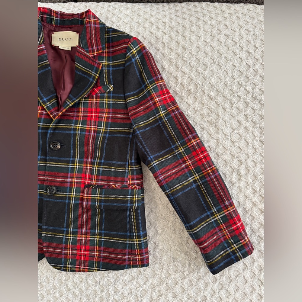 GUCCI Kids Elementary Tartan Blazer Jacket Size 6 Red Black Green Yellow Plaid - Picture 4 of 15